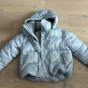blue puffer jacket
